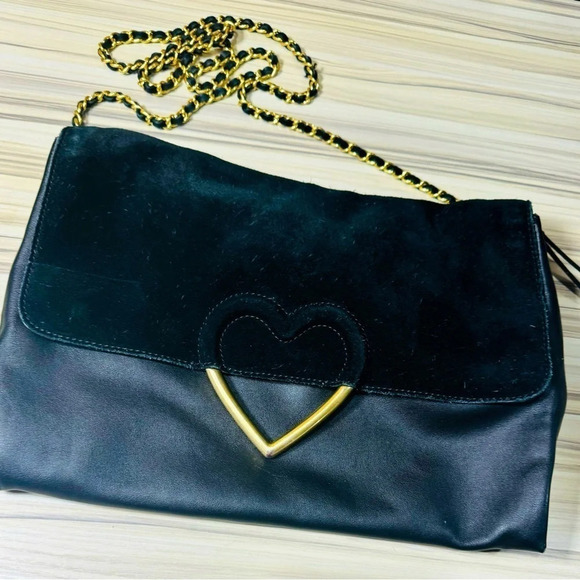 Dear Drew Suede Leather shoulder bag Black Gold chain heart clutch holidays rare - Picture 1 of 5